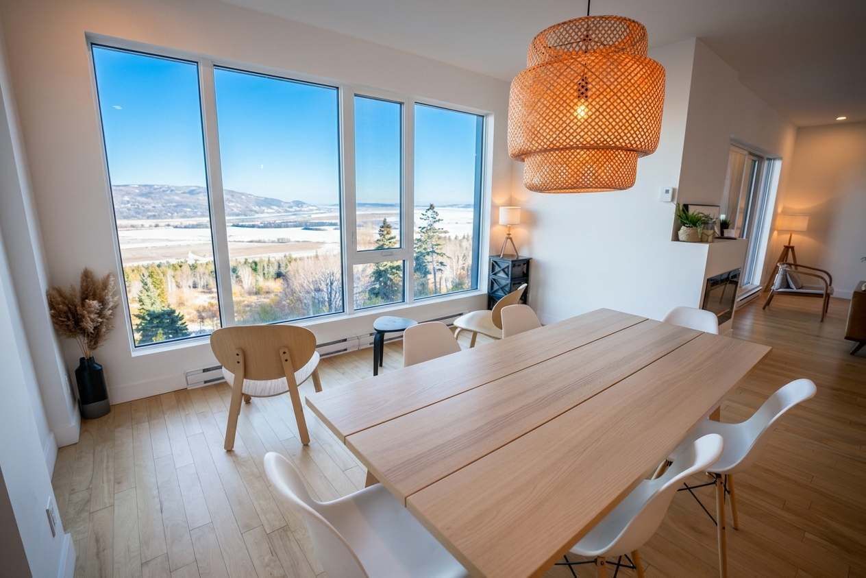 Ein moderner Essbereich mit einem großen Tisch, weißen Stühlen und Blick ins Freie.