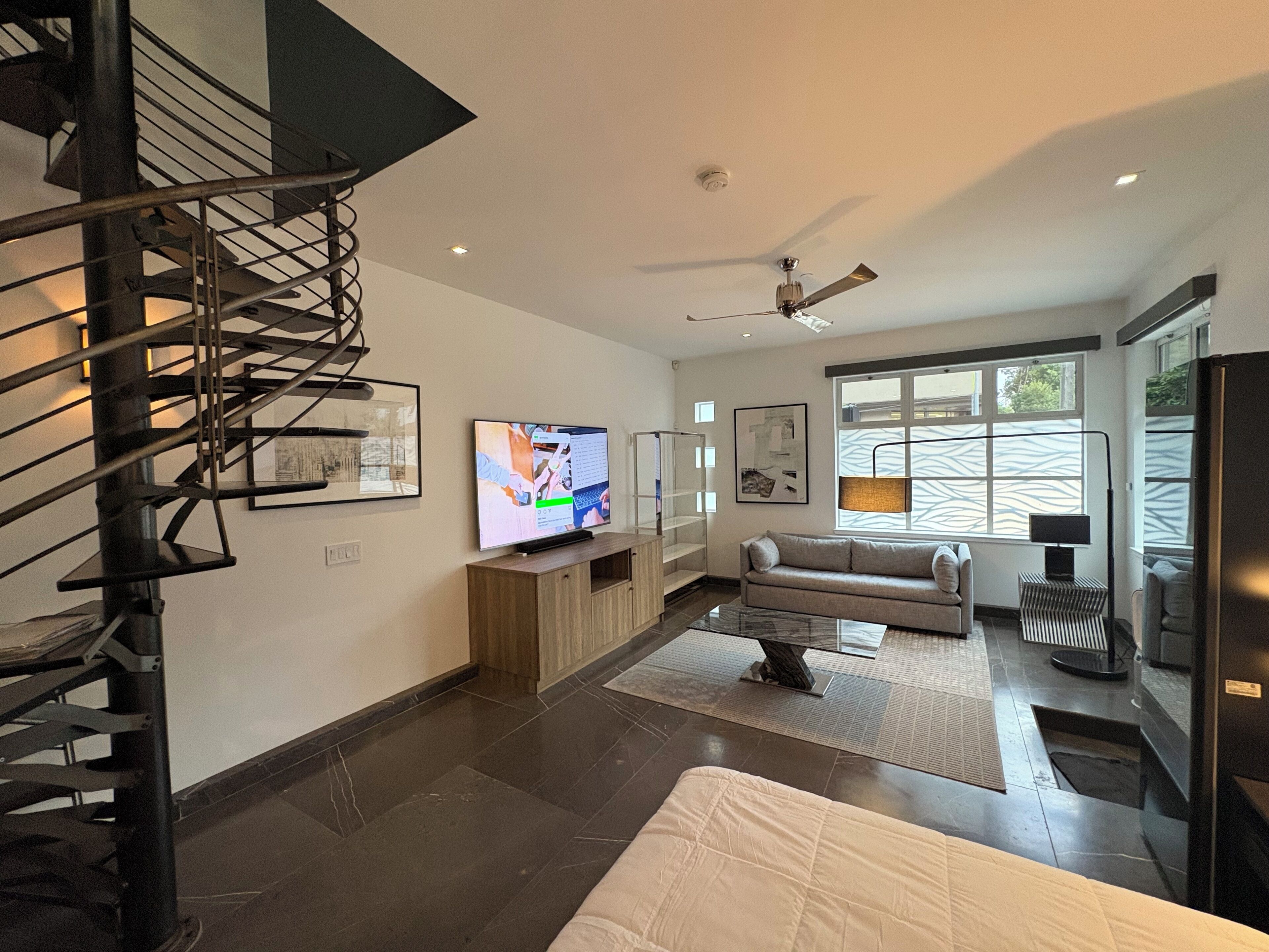 TV, video games, video library, stereo