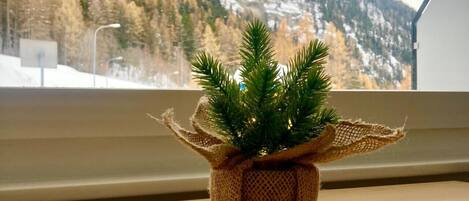 Una pequeña planta en maceta sobre una mesa de madera cerca de una ventana con vista a una montaña nevada.