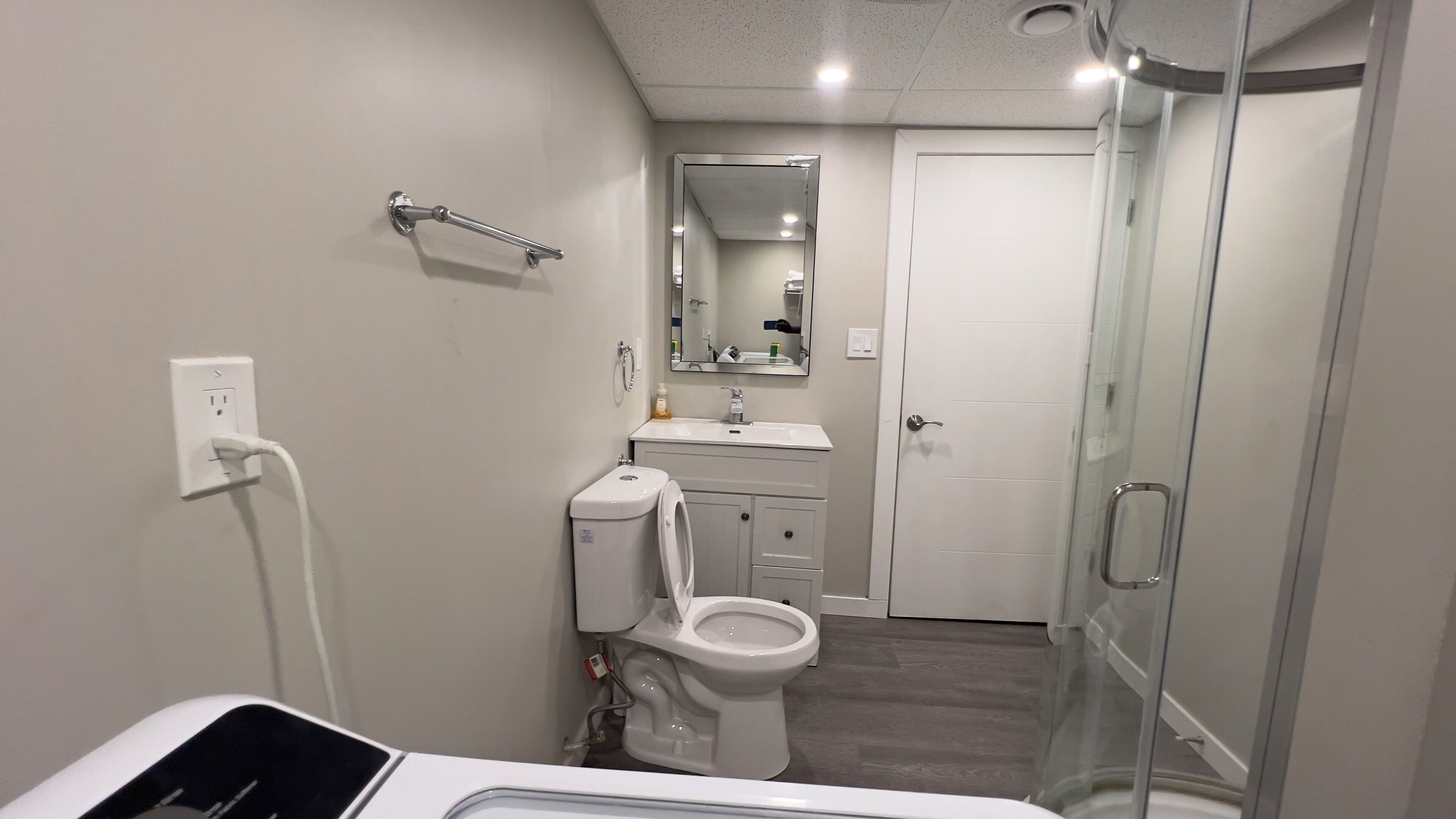 Hair dryer, towels, soap, toilet paper