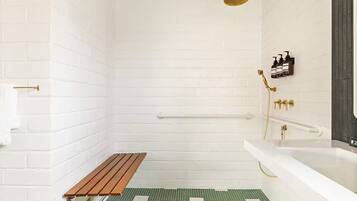 Douche, sĂšche-cheveux, serviettes fournies, savon