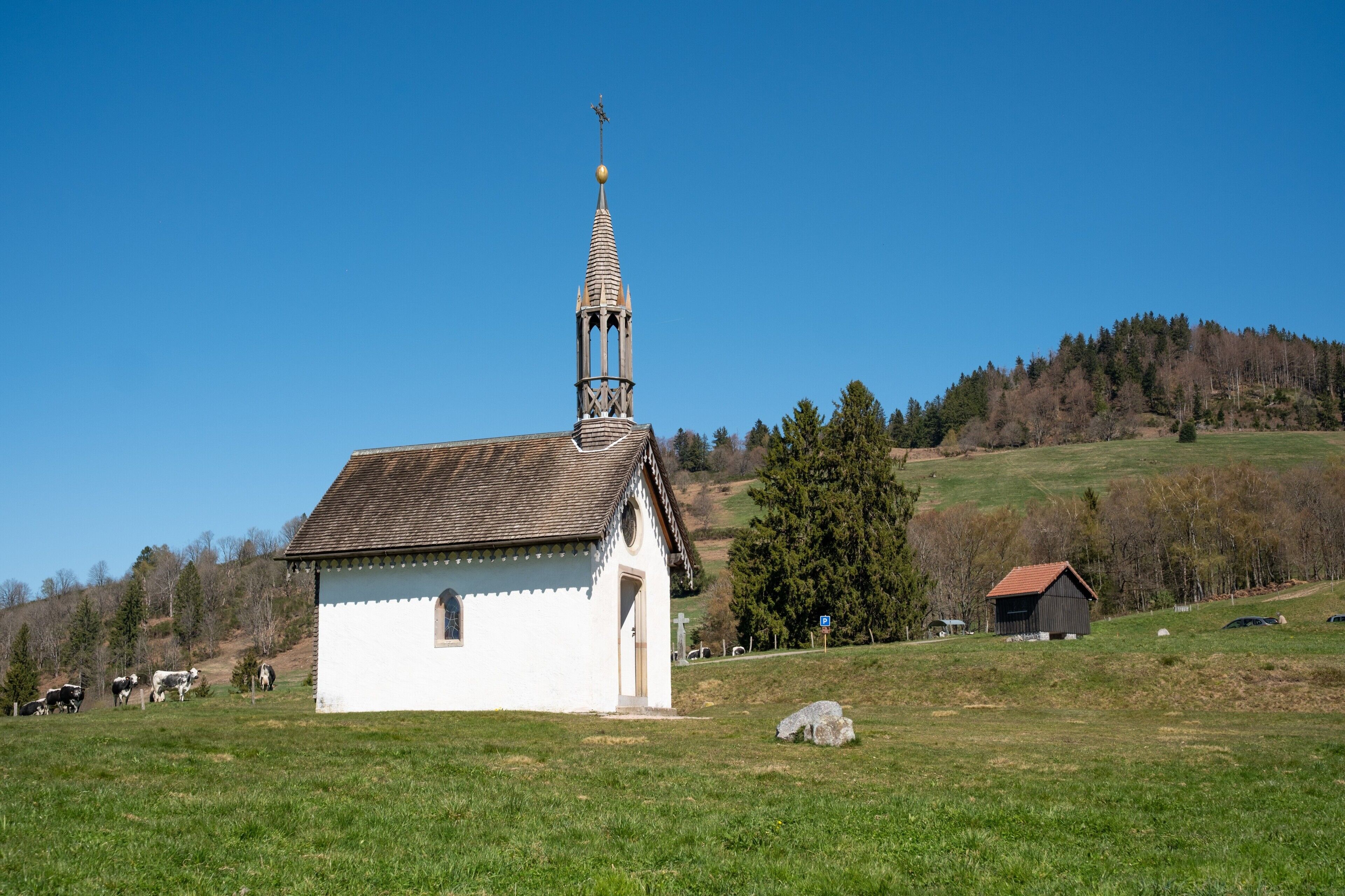 A white church with a bell tower and a small barn in a rural setting.