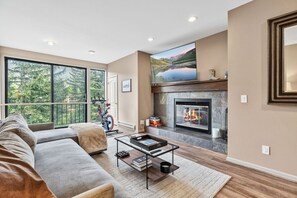 A modern living room with a fireplace, large windows, a sofa, and a bike. - Eagle River Retreat I Hot tub & Pool (Avon)