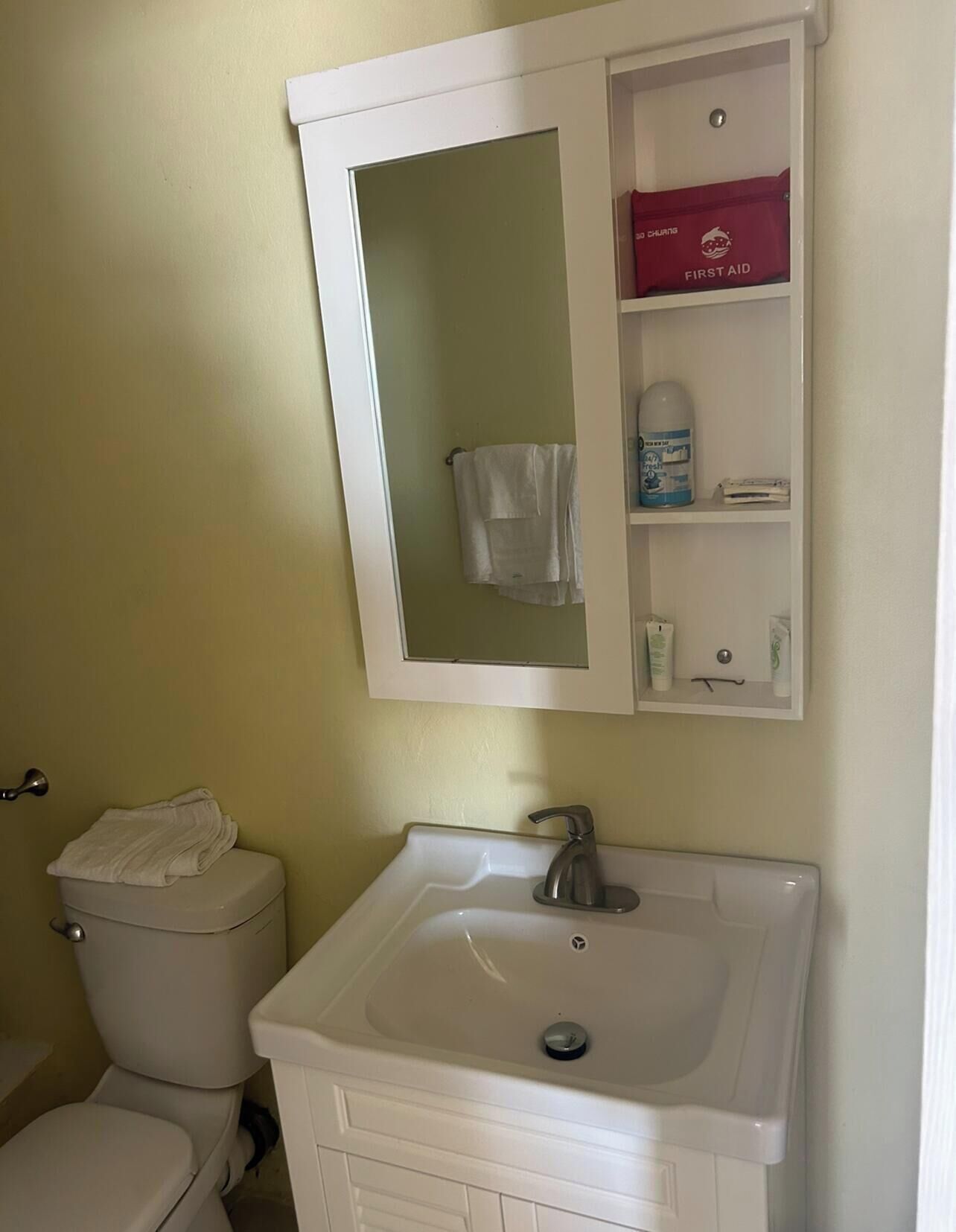 Shower, towels, soap, toilet paper