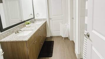 Hair dryer, towels, soap, toilet paper