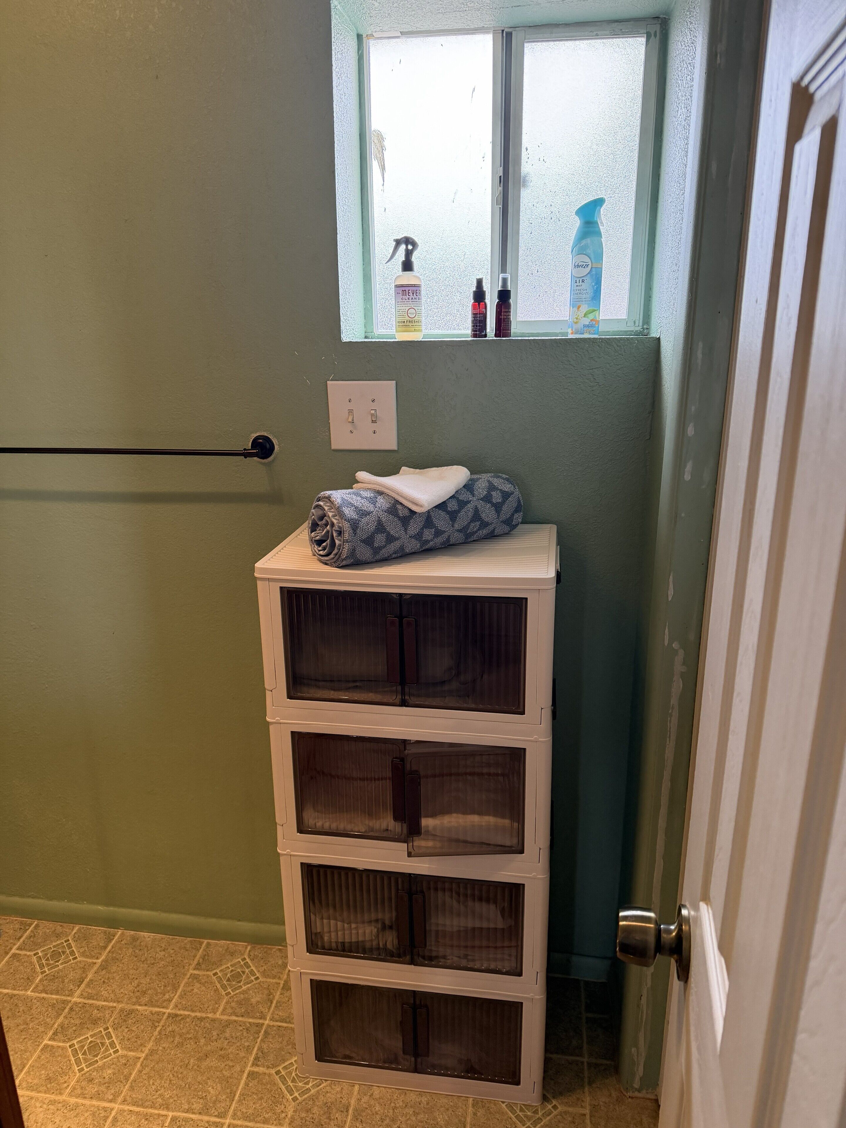 Hair dryer, towels, soap, toilet paper