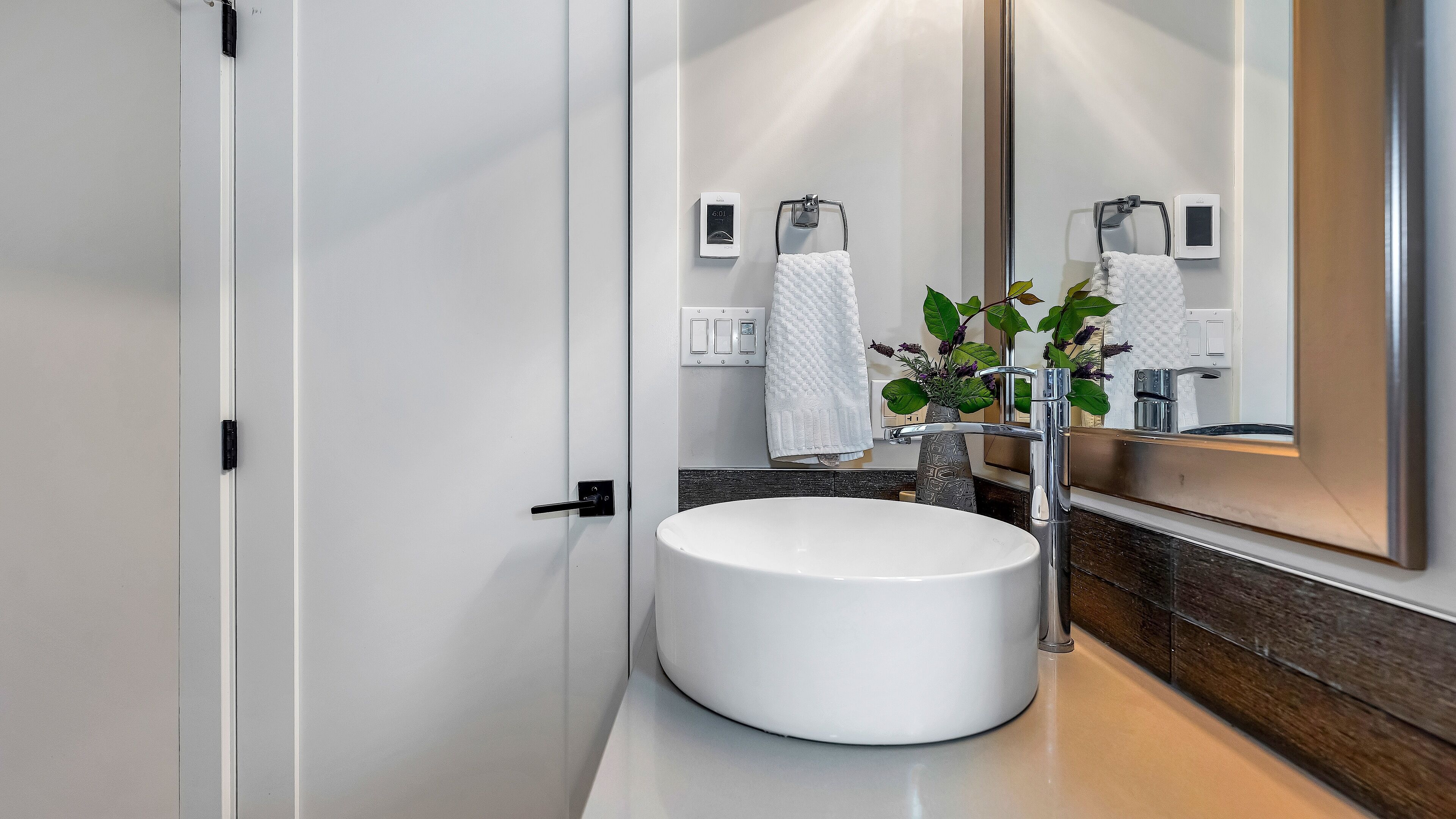 A modern bathroom with a round white sink, a mirror, and a potted plant.