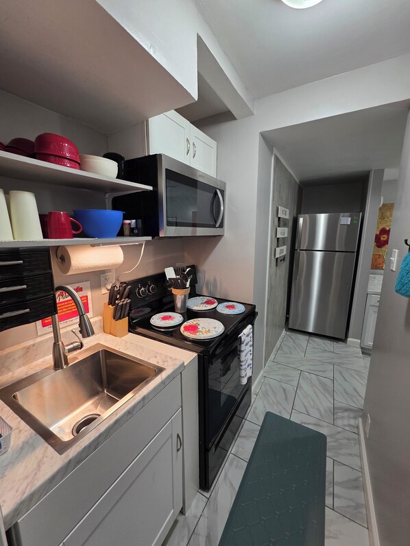 Fridge, microwave, oven, stovetop