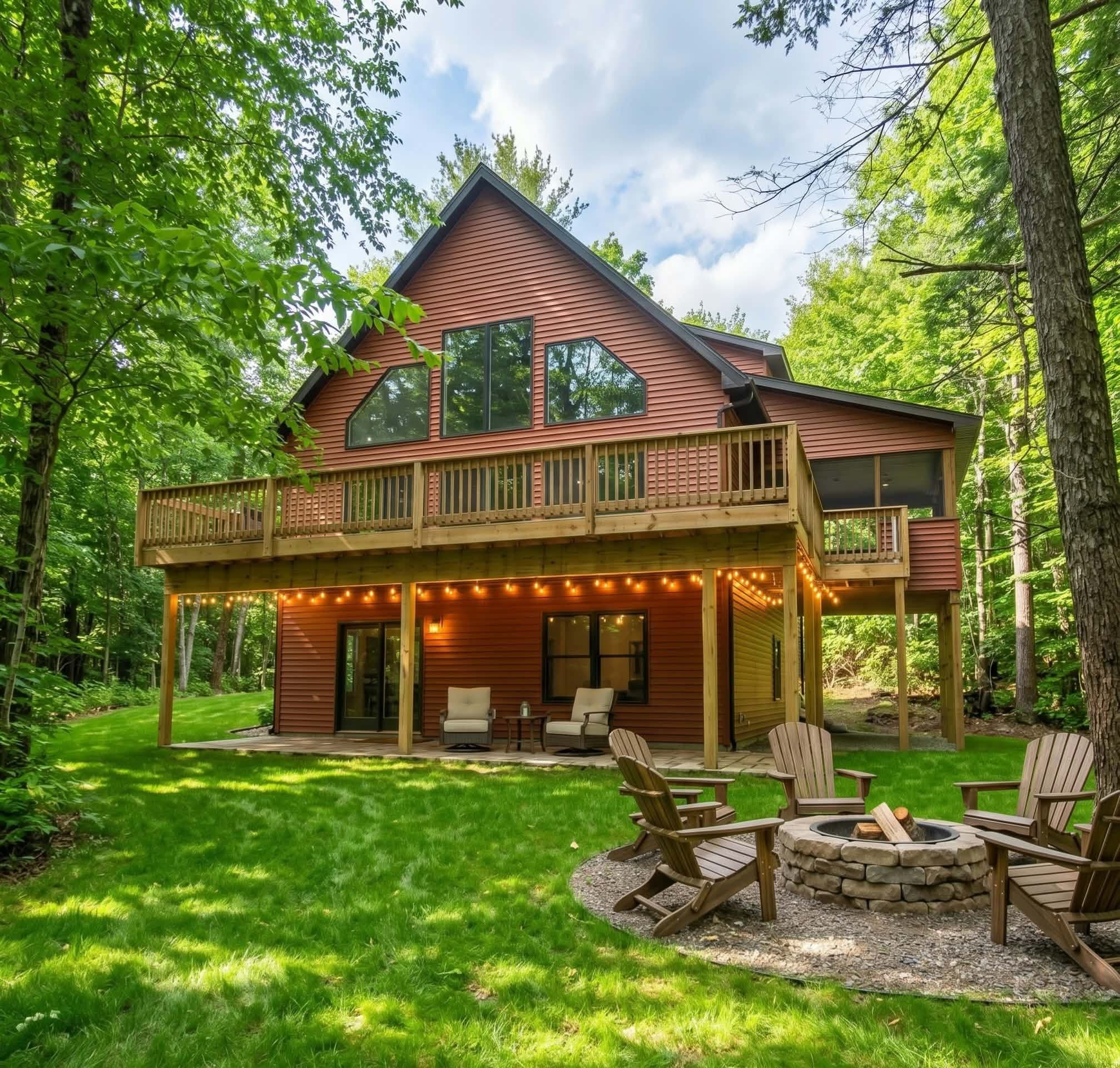 A two-story wooden cabin with a deck, outdoor seating, and a fire pit.