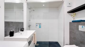 Shower, hair dryer, towels