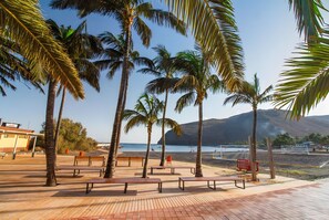 A beach with palm trees, benches, and a view of the sea. - Casa Miramar 3 – Mountain Views & Central Location in San Sebastián (San Sebastian de La Gomera)