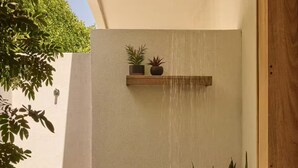 A modern shower enclosure with a rain showerhead, a small shelf with potted plants, and a potted plant beside the door. - Besveca House - Modern Zen (Palm Springs)