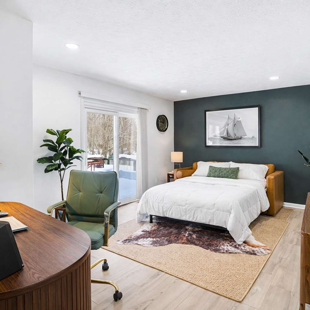 4 habitaciones, escritorio y tabla de planchar con plancha 
