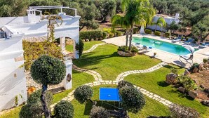 Zona de piscina en la azotea con vistas despejadas del paisaje circundante, incluyendo olivares y un edificio blanco con pérgola.