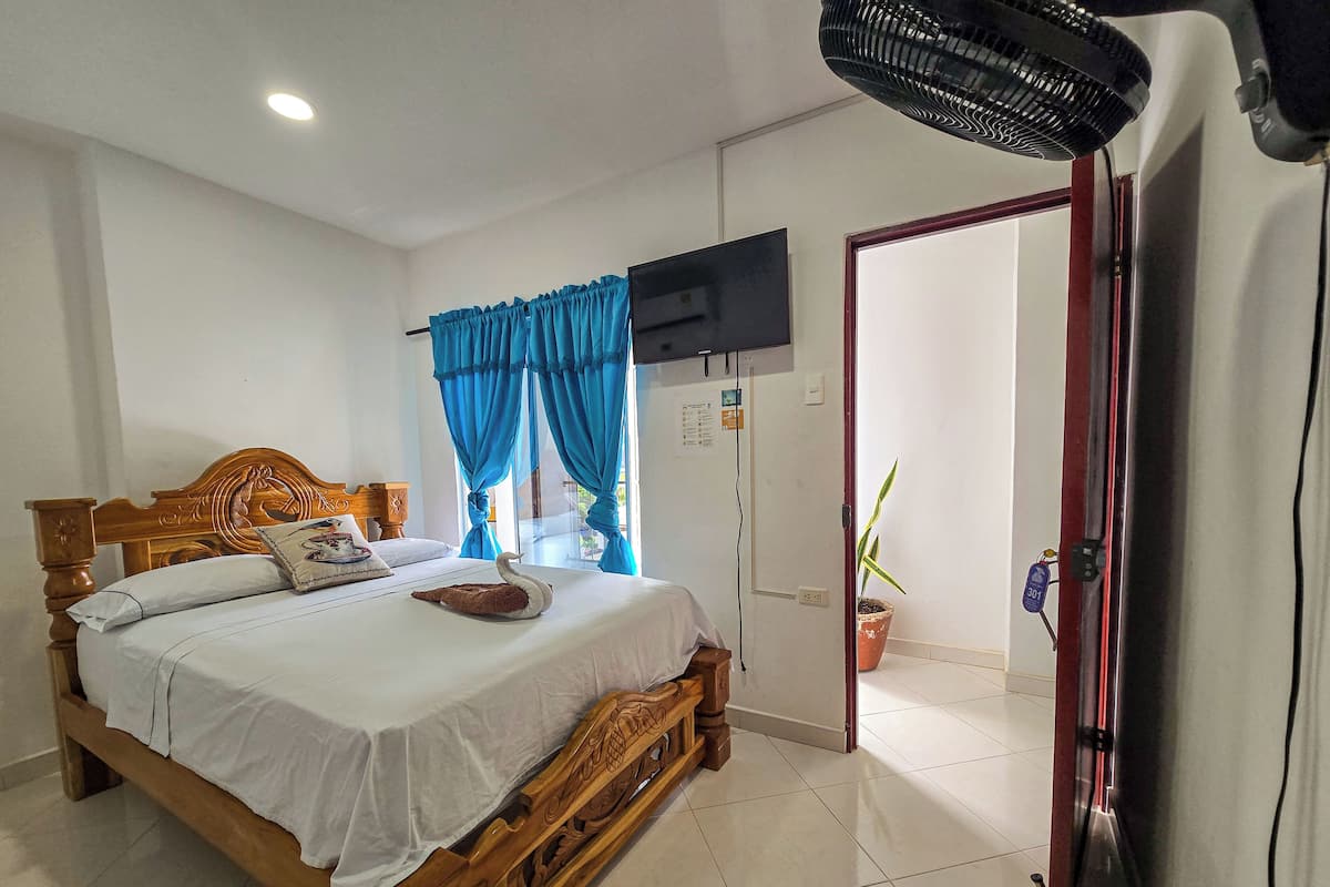 Un dormitorio con una cama de madera, cortinas azules, un televisor en la pared y una planta en maceta.
