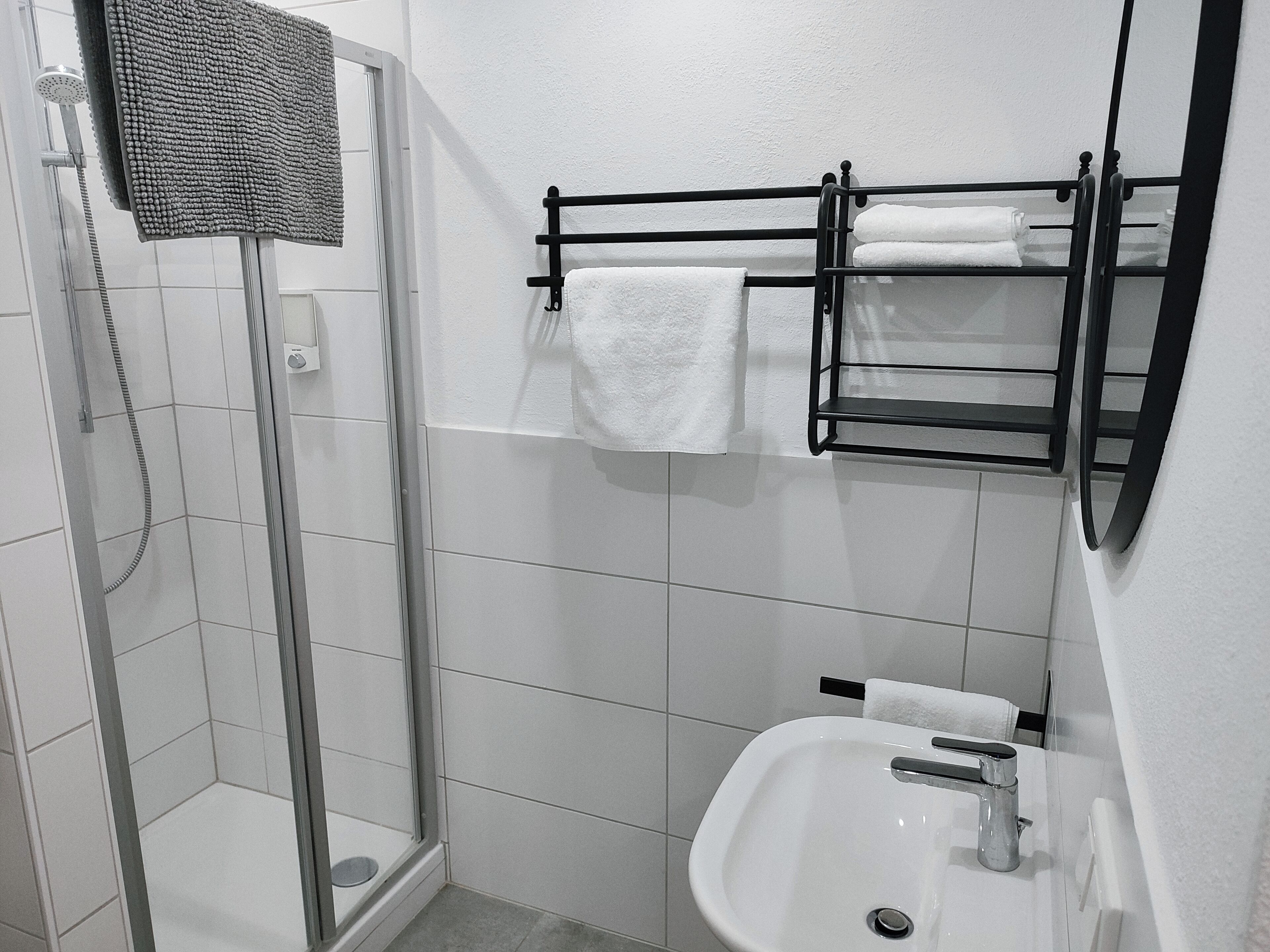 Een badkamer met een douche, een wastafel en een handdoekhouder.