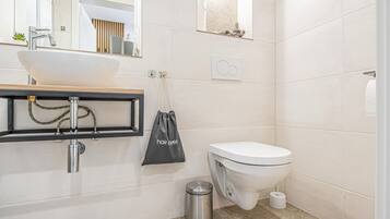 Hair dryer, towels, soap, shampoo