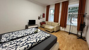 A bedroom with a bed, a sofa, a television, and a radiator. - Cozy Room in Apartment, Prime Locatio (Wien)