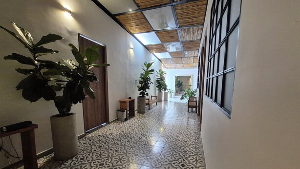 A hallway with patterned floor tiles, potted plants, and wooden benches. - Pepe's House Usaquén Bogotá -Small Hotel (Bogotá)