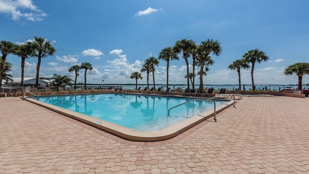 A rectangular swimming pool with a tiled deck surrounding it, palm trees, and a view of the water. - Great views of Marco River from 5th Floor condo (Marco Island)