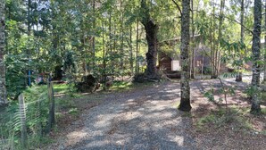 Ein bewaldetes Gebiet mit einem Kiesweg, Holzhütten und einem geparkten Fahrzeug.