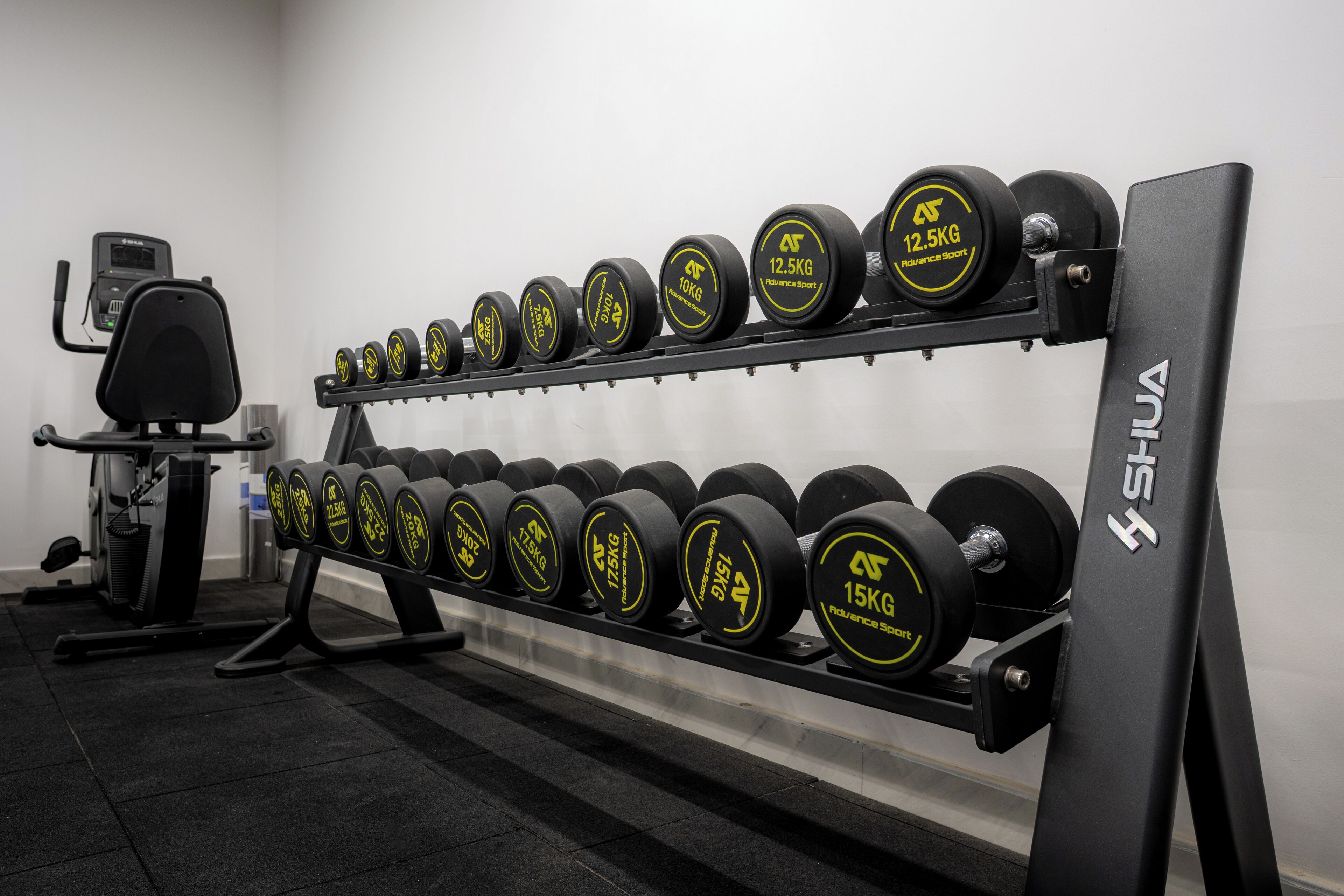 Un gimnasio con un rack de pesas que contiene mancuernas de diferentes pesos.