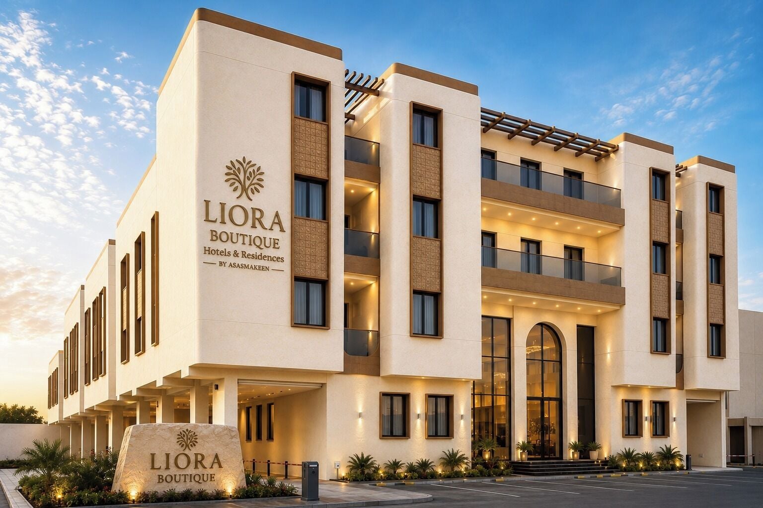 En hotelbygning med flere etager og et tydeligt skilt, der viser 'LIORA BOUTIQUE Hotels & Residences by Asasmakeen'.
