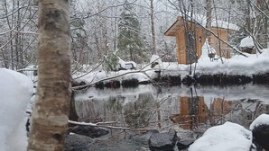 A wooden cabin surrounded by a snowy forest with a small stream. - Disconnect on a private estate, hiking trails, Finnish sauna, canoe,,,, (Saguenay)