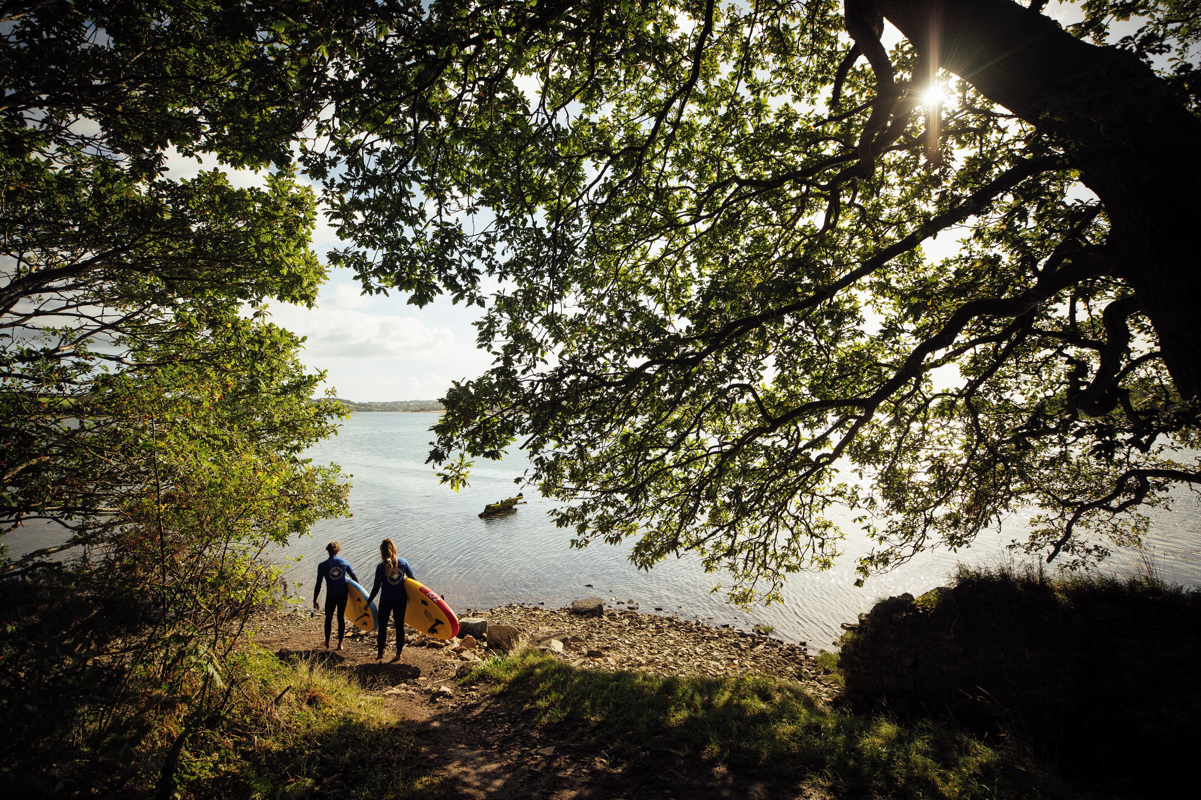 Et naturligt landskab med et vandareal, træer og to personer med surfbræder.