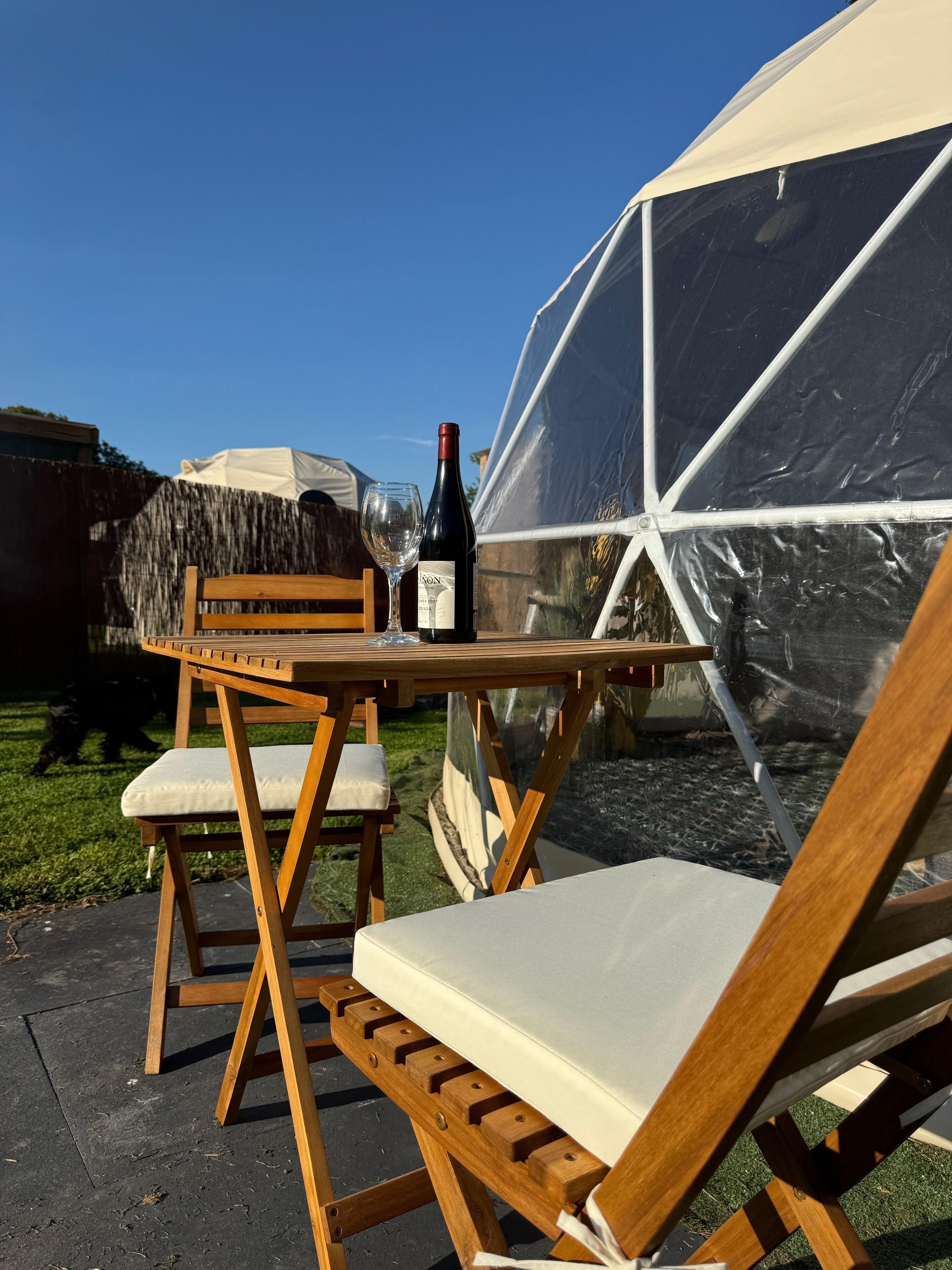 A wooden table with a bottle of wine and a glass, set outdoors with a transparent dome structure in the background.