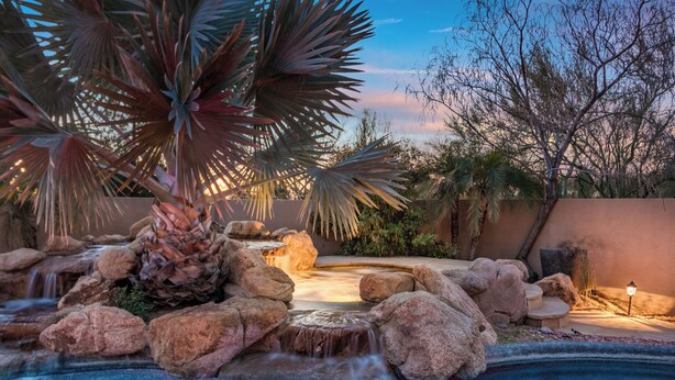 A landscaped pool area with a waterfall, rocks, and palm trees.
