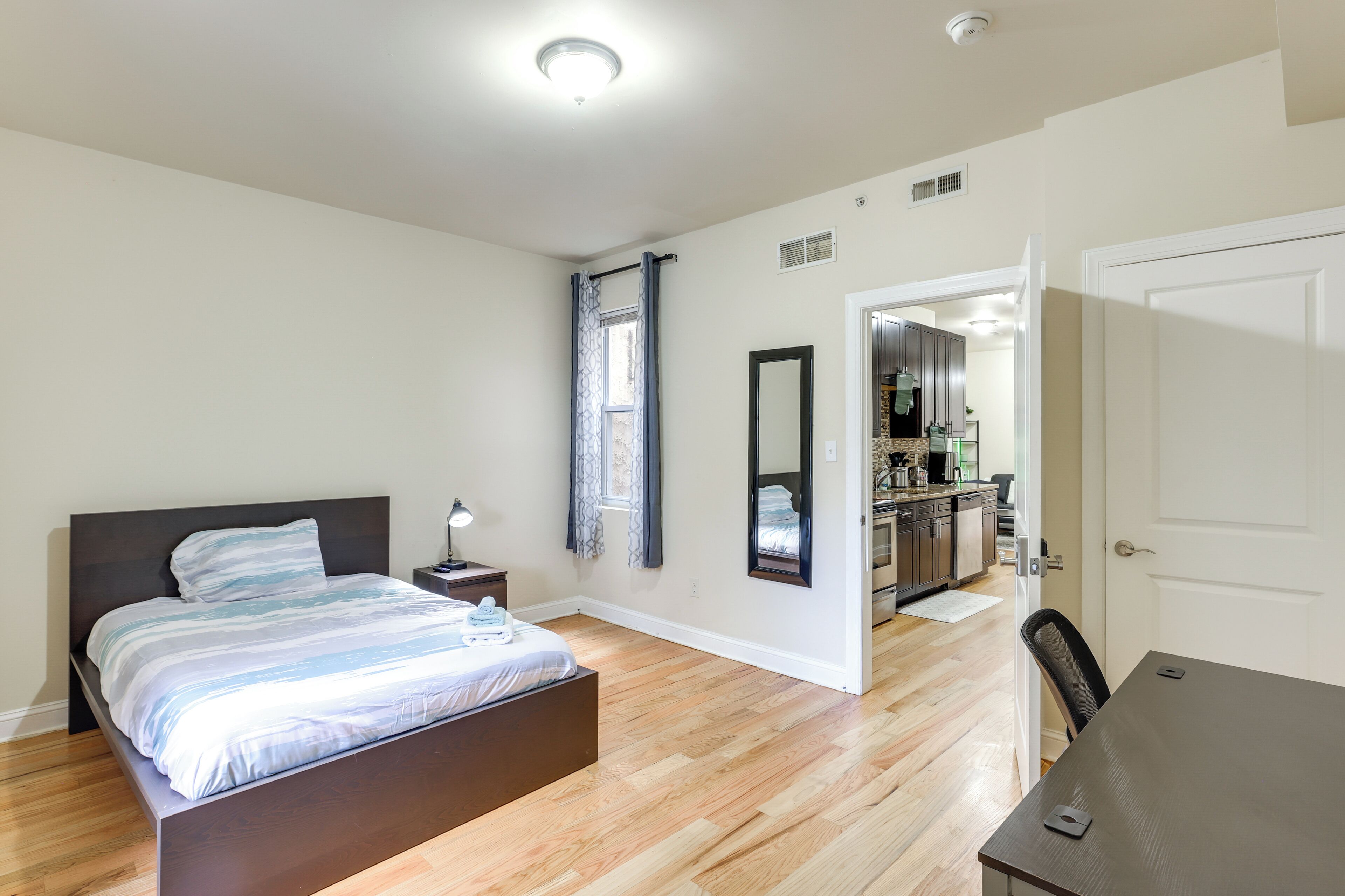 Desk, internet, bed sheets