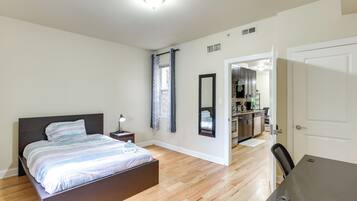 Desk, internet, bed sheets