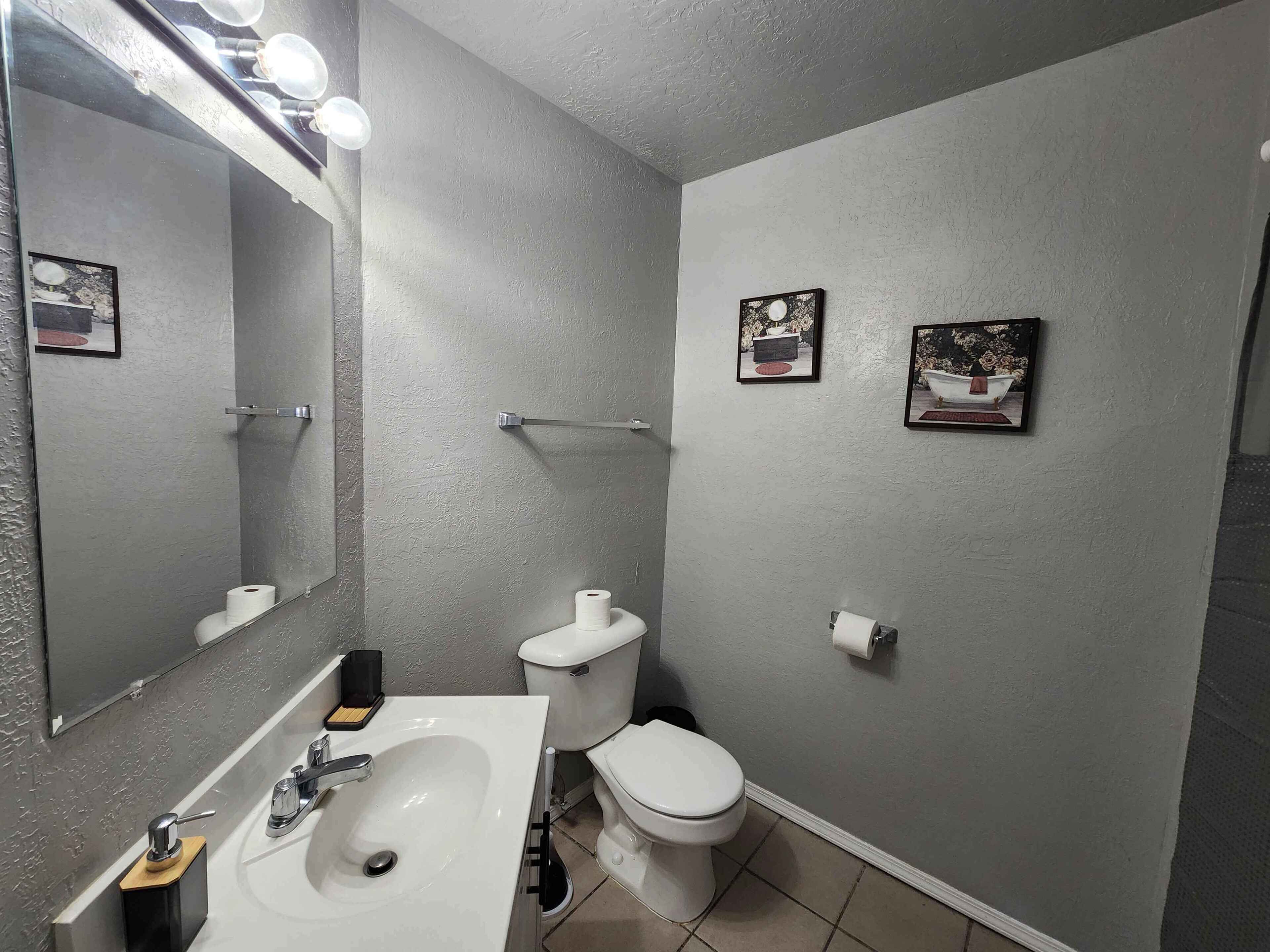 Hair dryer, towels, toilet paper