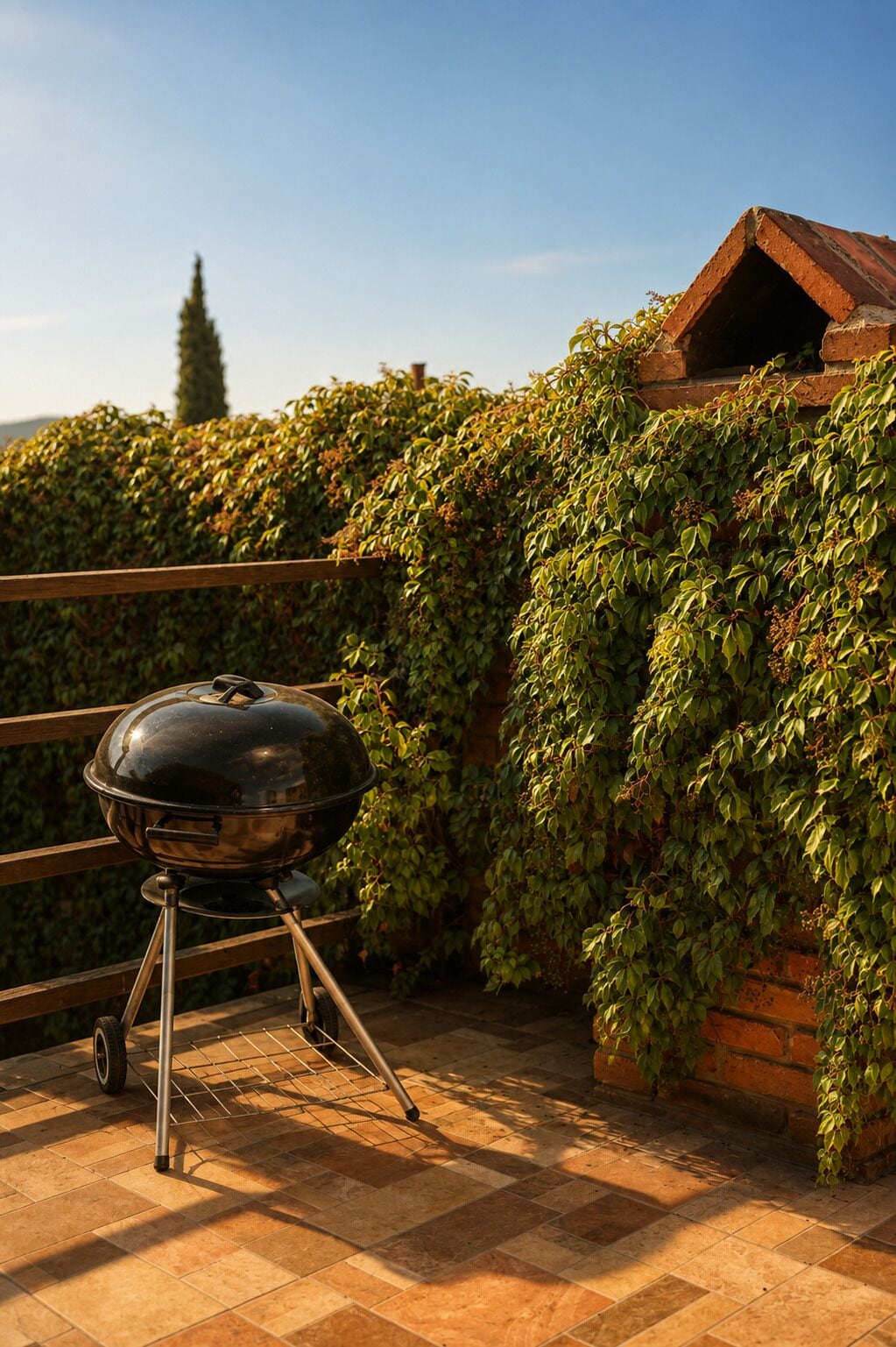 Una parrilla en un patio con baldosas, con vista a un seto y una construcción de ladrillo.