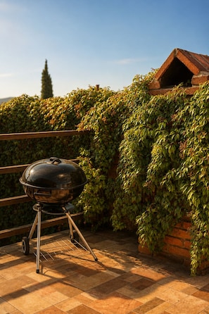 En grill på en fliseterrasse med udsigt til en hæk og en murstensbygning.