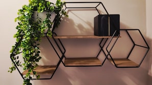 A hexagonal metal shelf unit with a potted plant on the left and a black box on the right. - Private Romantic Retreat for Two • Luxury Escape (Chicago)