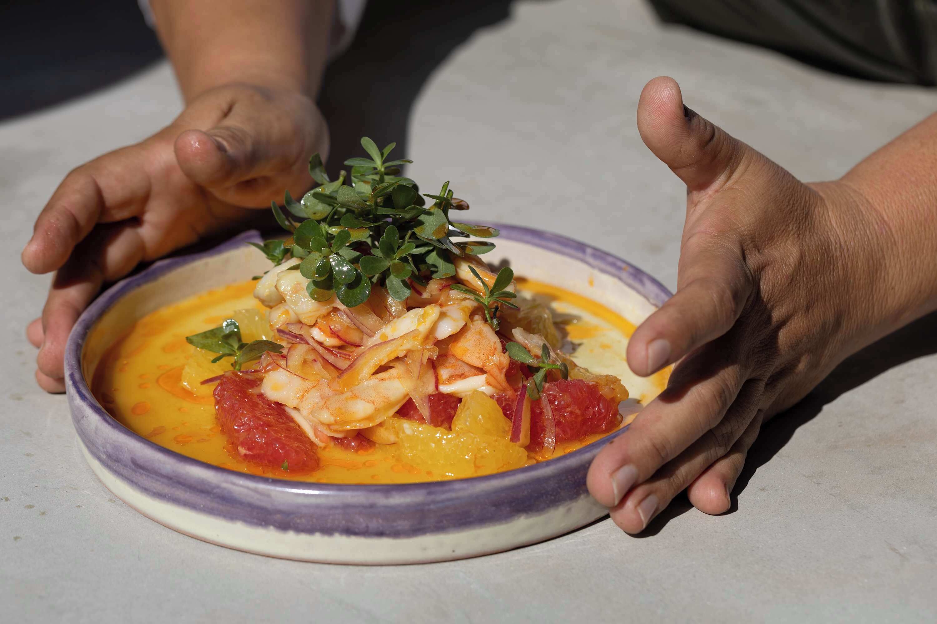 Uma tigela de sopa com um enfeite por cima, segurada por duas mãos.