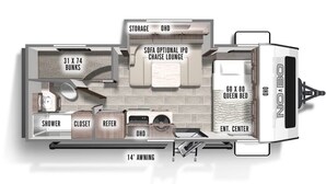 Plano de planta de una caravana compacta con cama tipo queen de 1,52 x 2,03 metros, zona de literas de 0,79 x 1,88 metros, espacio de almacenamiento, kitchenette, ducha, armario, refrigerador y una zona de estar con sofá opcional.
