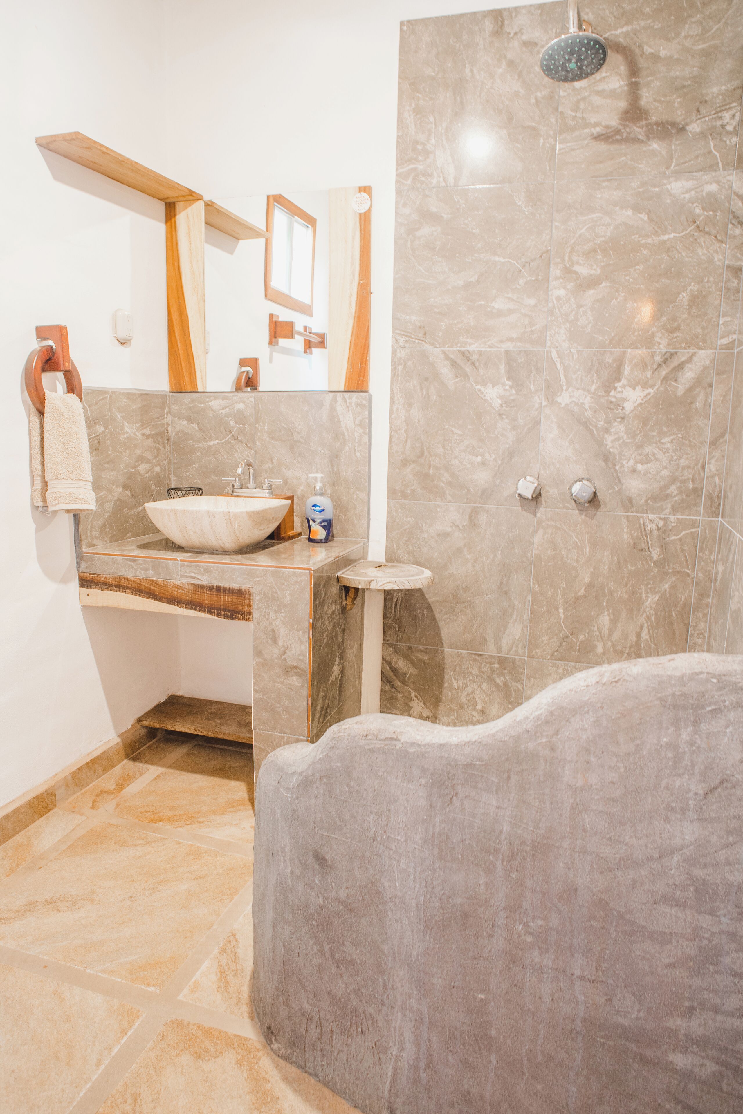 Hair dryer, towels, soap, toilet paper