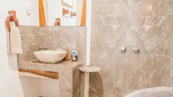 Hair dryer, towels, soap, toilet paper