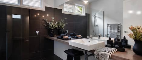 Shower, hair dryer, towels