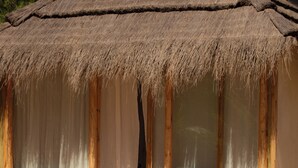 A wooden structure with a thatched roof and large windows, situated on a sandy beach. - Tribu Eco Beach (Francisco Alvarez)