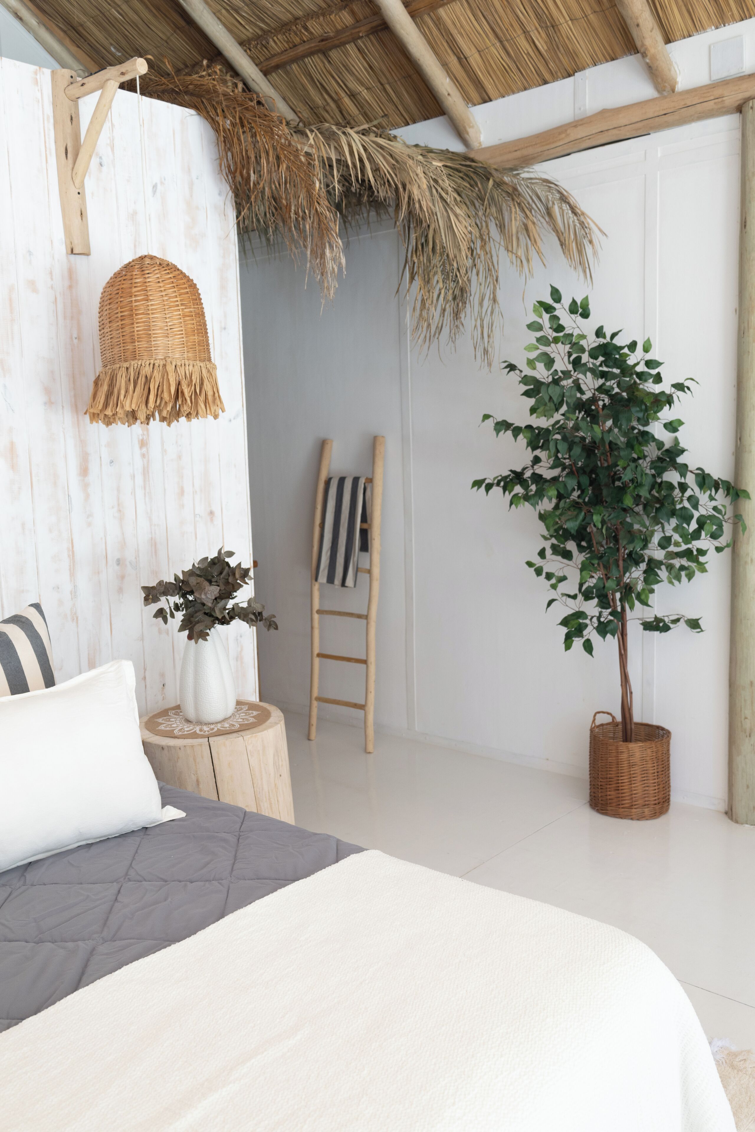 A bedroom with a bed, a hanging basket, a ladder, and a potted plant.