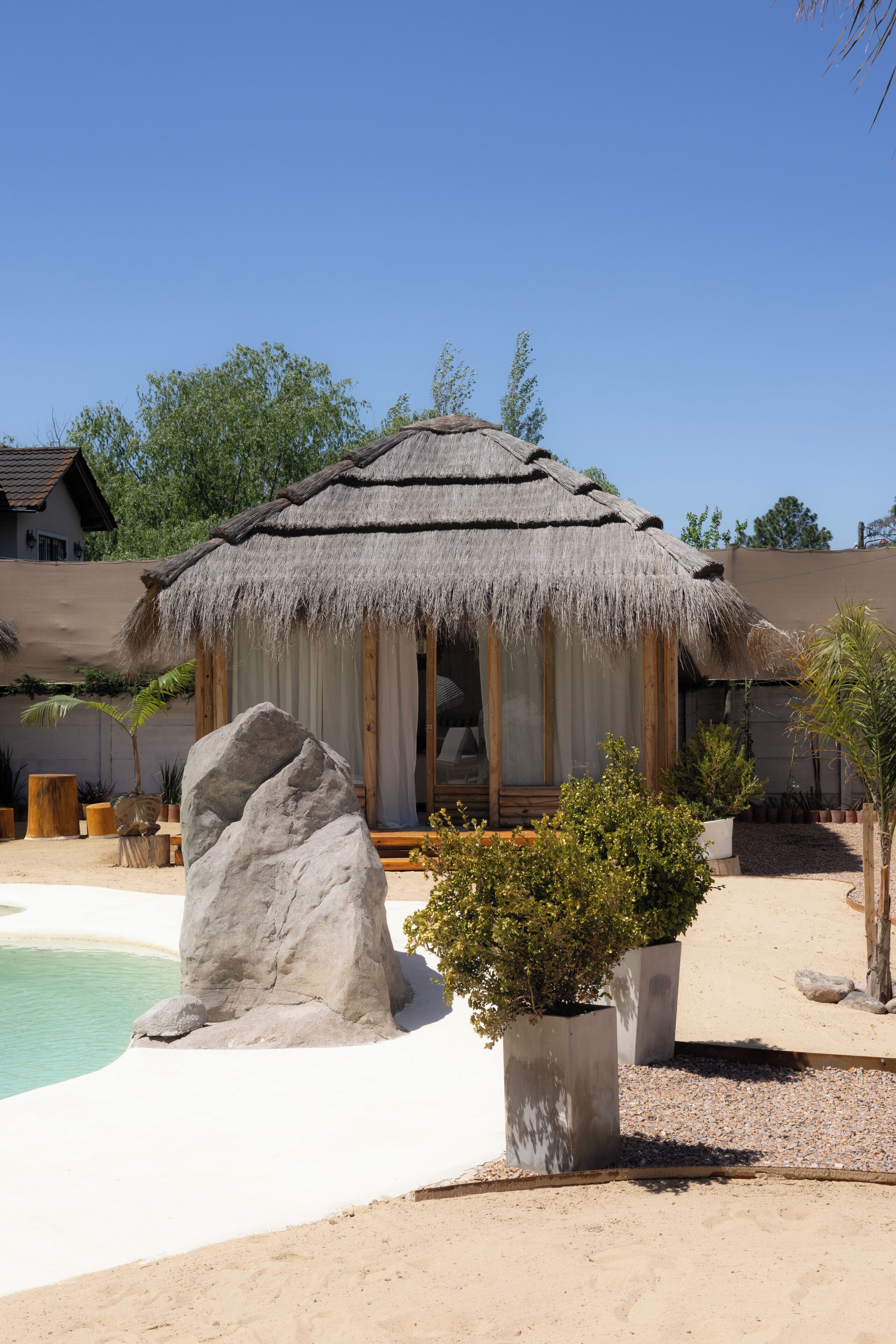 A thatched-roof structure with a large rock in front, a pool, and a small tree in a planter.
