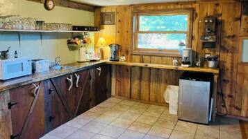 Fridge, microwave, coffee/tea maker, toaster