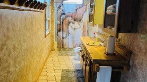 Ein schmales Badezimmer mit Fliesenboden, einem Holzwaschtisch mit Spiegel und einer Duschvorhang mit Pferde-Motiv.