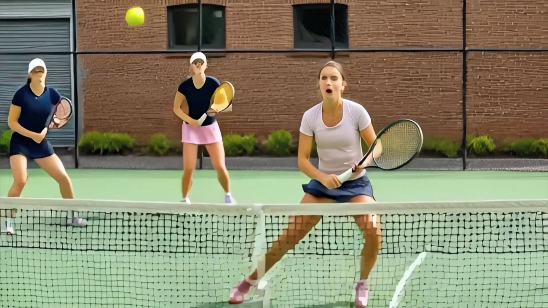 Ein Tennisplatz mit Netz in der Mitte, ein Backsteinhaus im Hintergrund und drei Personen beim Tennisspiel.