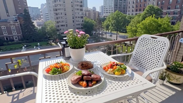A balcony with a table set for a meal, a potted plant, and a view of a cityscape. - Effortless Downtown Calgary Executive Condo | 6 to 8 Month Occupancy | $1,980/mo (Calgary)