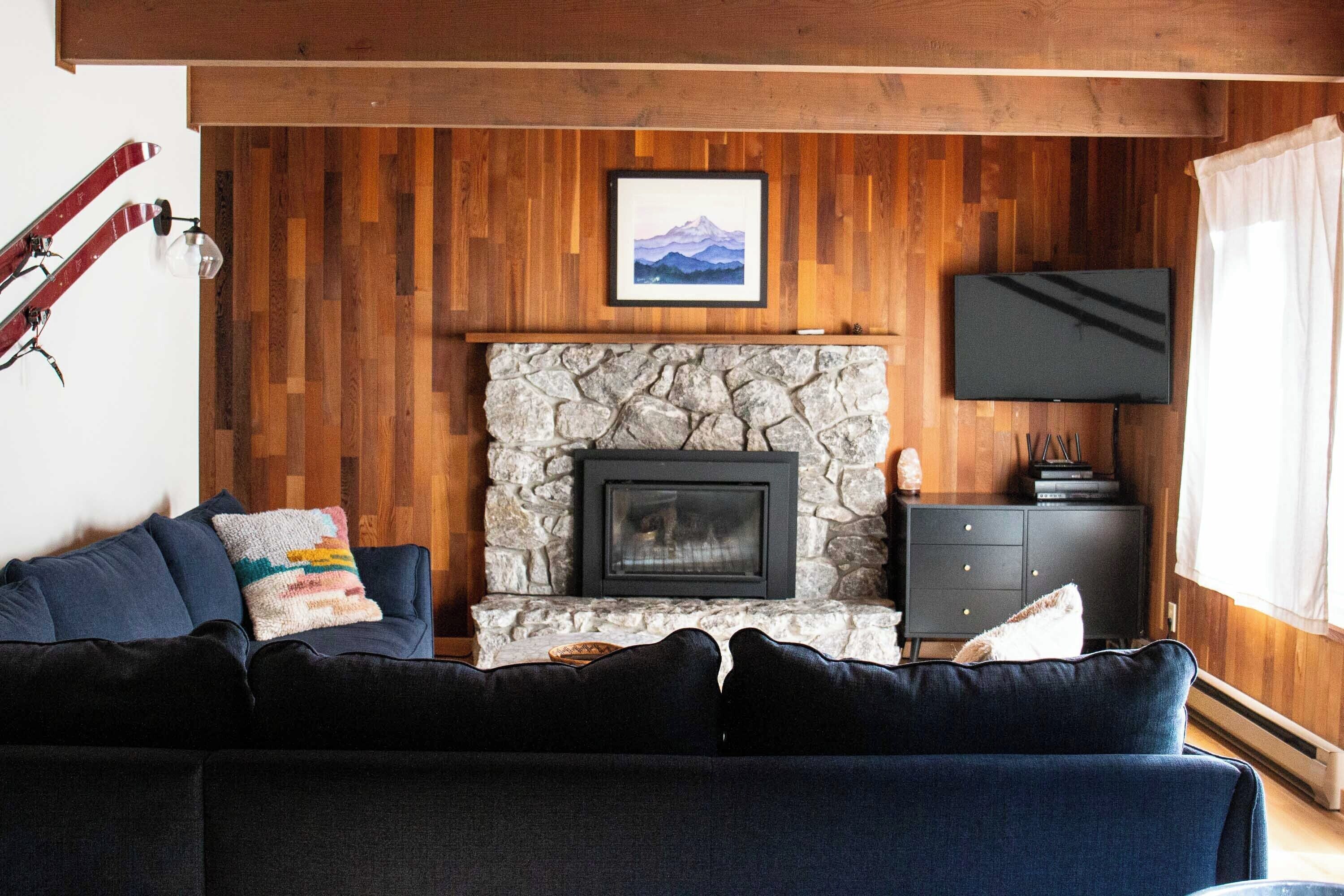 Smart TV, fireplace, DVD player, books